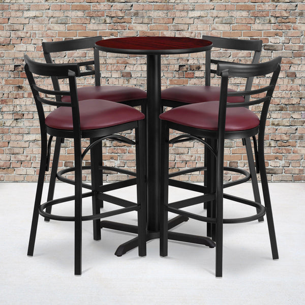Mahogany Top/Burgundy Vinyl Seat |#| 24inch Round Mahogany Laminate Table with X-Base & 4 Metal Vinyl Seat Barstools
