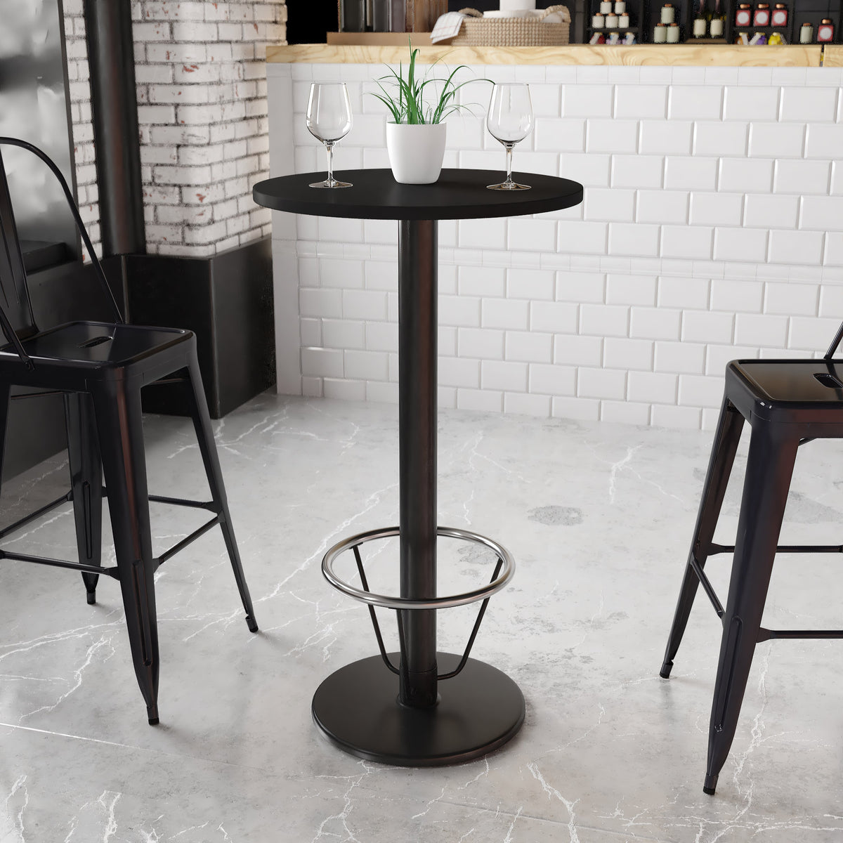 Black |#| 24inch Round Black Laminate Table Top & 18inch Round Bar Height Base with Foot Ring