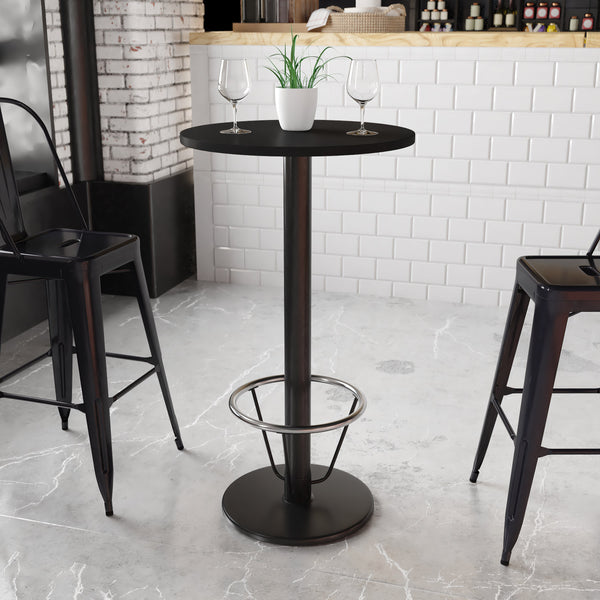 Black |#| 24inch Round Black Laminate Table Top & 18inch Round Bar Height Base with Foot Ring