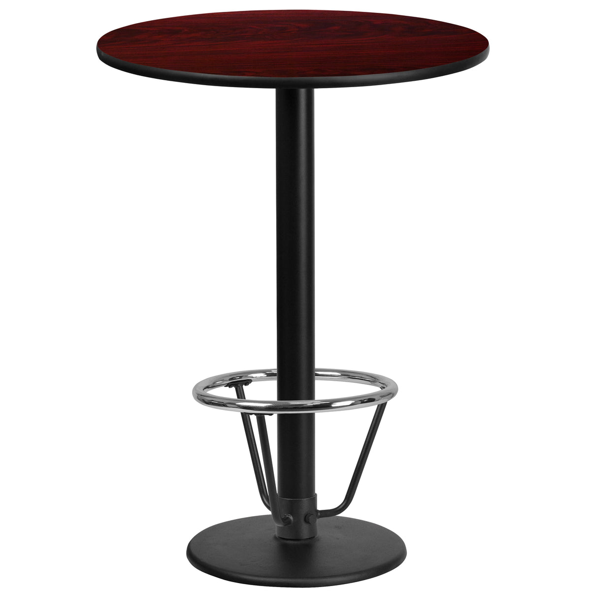 Mahogany |#| 24inch Round Mahogany Laminate Table Top & 18inch Round Bar Height Base with Foot Ring