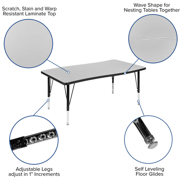 Grey |#| 28inchW x 47.5inchL Rectangular Wave Collaborative Grey Kids Adjustable Activity Table