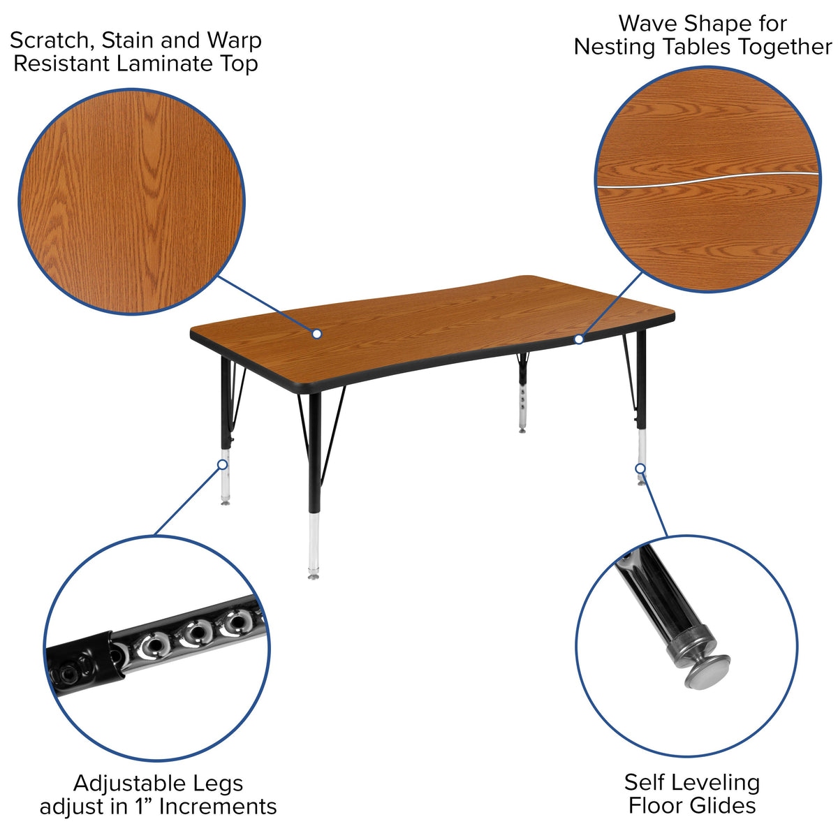 Oak |#| 28inchW x 47.5inchL Rectangular Wave Collaborative Oak Kids Adjustable Activity Table