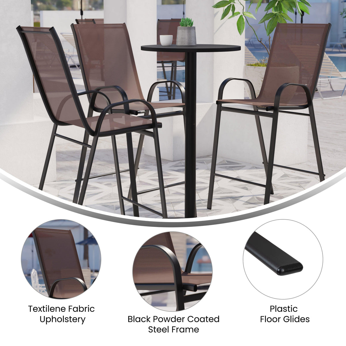 Brown |#| 2 Pack Brown Stackable Outdoor Barstools with Flex Comfort Material-Patio Stools