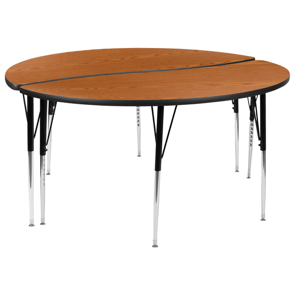 Oak |#| 2 Piece 60inch Circle Wave Flexible Oak Adjustable Activity Table Set