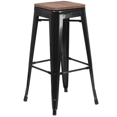 30" High Backless Metal Barstool with Square Wood Seat - View 1