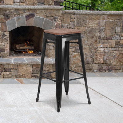 30" High Backless Metal Barstool with Square Wood Seat - View 2