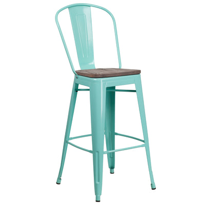 30" High Metal Barstool with Back and Wood Seat - View 1