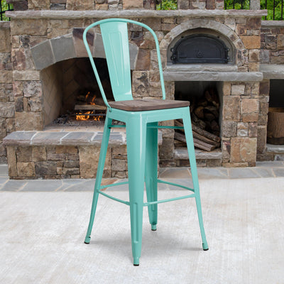 30" High Metal Barstool with Back and Wood Seat - View 2