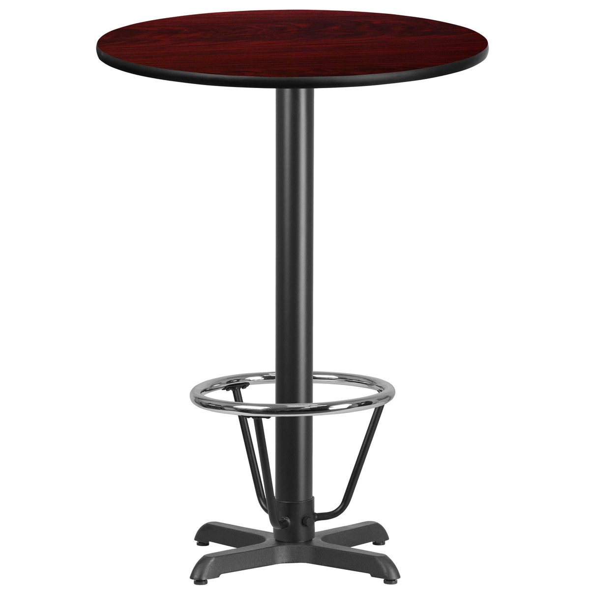 Mahogany |#| 30inch Round Mahogany Laminate Table Top & 22inchx 22inch Bar Height Base with Foot Ring