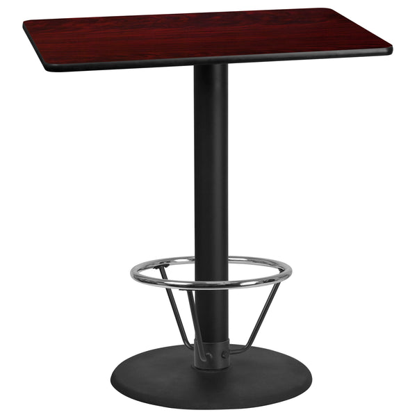 Mahogany |#| 30inch x 42inch Mahogany Laminate Table Top & 24inch Round Bar Height Base with Foot Ring