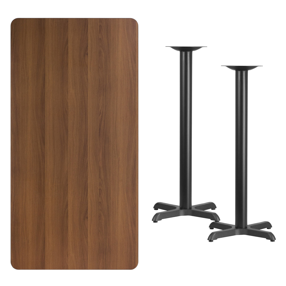 Walnut |#| 30x60 Rectangular Walnut Laminate Table Top & 22inch x 22inch Bar Height Table Bases