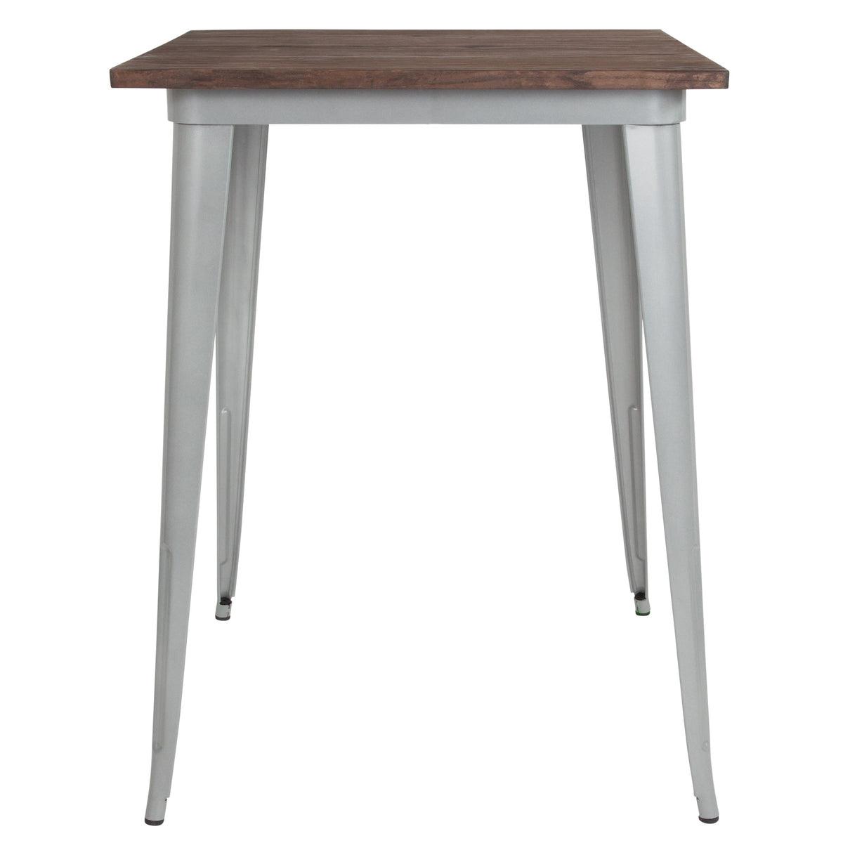 Silver |#| 31.5inch Square Silver Metal Indoor Bar Height Table with Walnut Rustic Wood Top