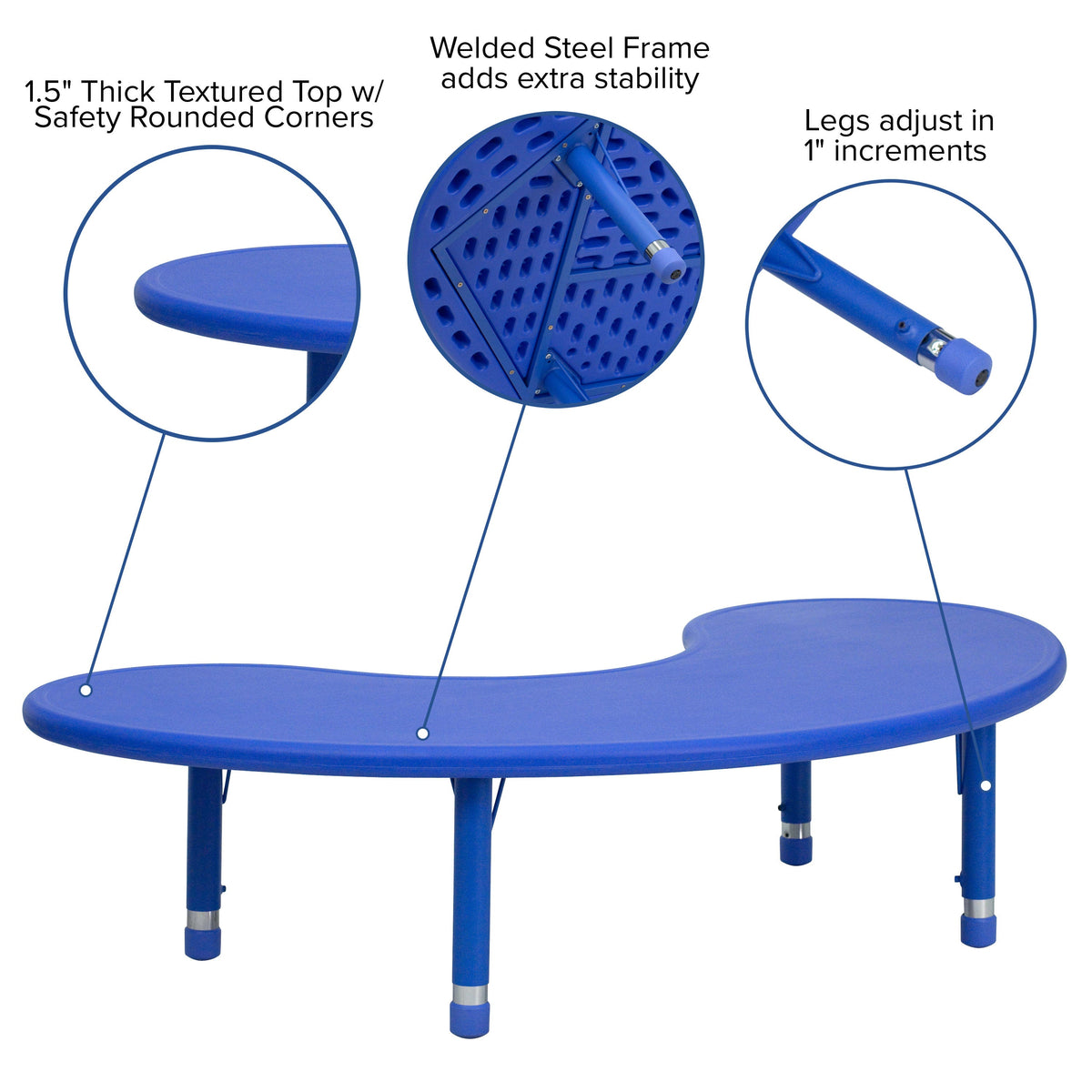 Blue |#| 35inchW x 65inchL Half-Moon Blue Plastic Height Adjustable Activity Table