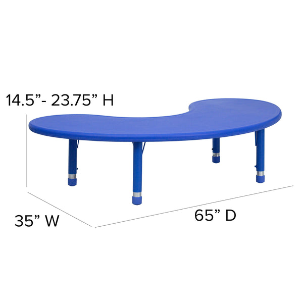 Blue |#| 35inchW x 65inchL Half-Moon Blue Plastic Height Adjustable Activity Table