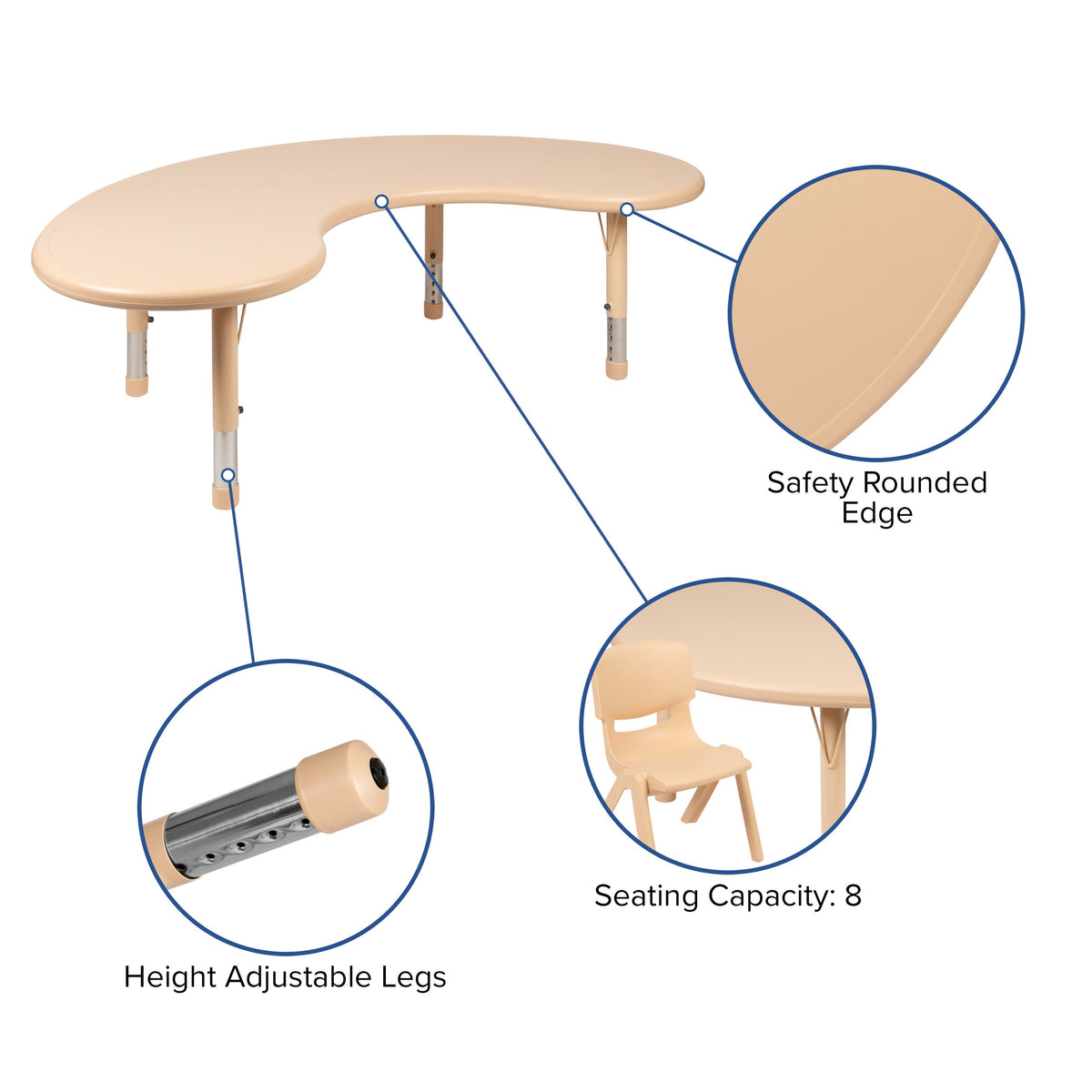 Natural |#| 35inchWx65inchL Half-Moon Natural Plastic Adjustable Activity Table-School Table for 8