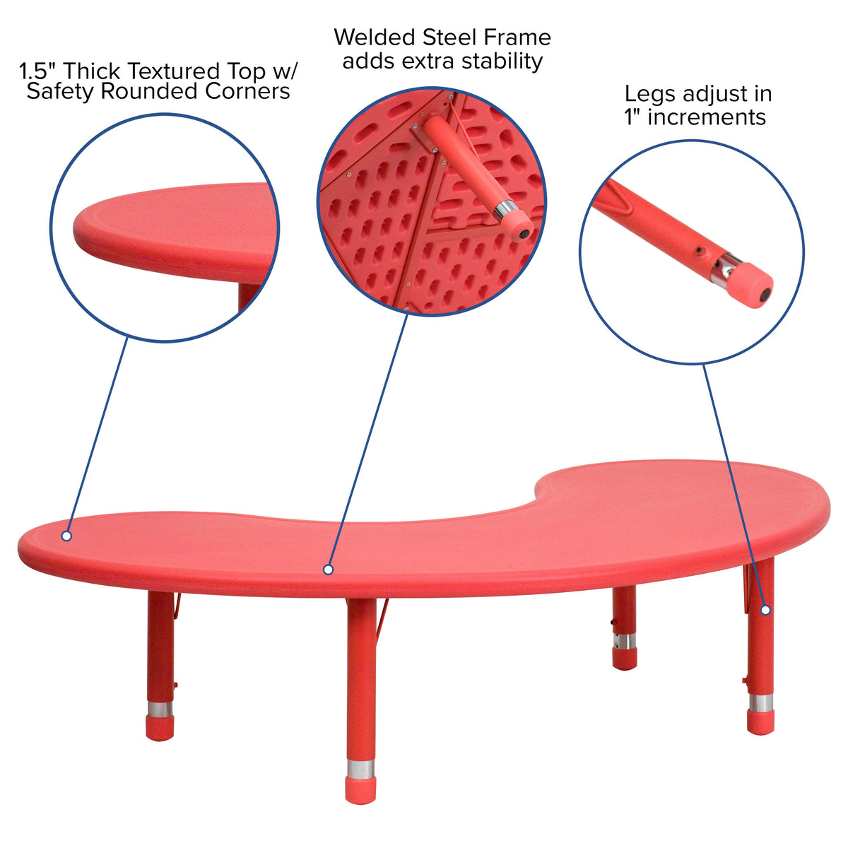 Red |#| 35inchW x 65inchL Half-Moon Red Plastic Height Adjustable Activity Table