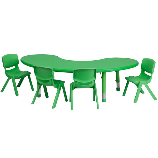 Green |#| 35inchW x 65inchL Half-Moon Green Plastic Adjustable Activity Table Set - 4 Chairs