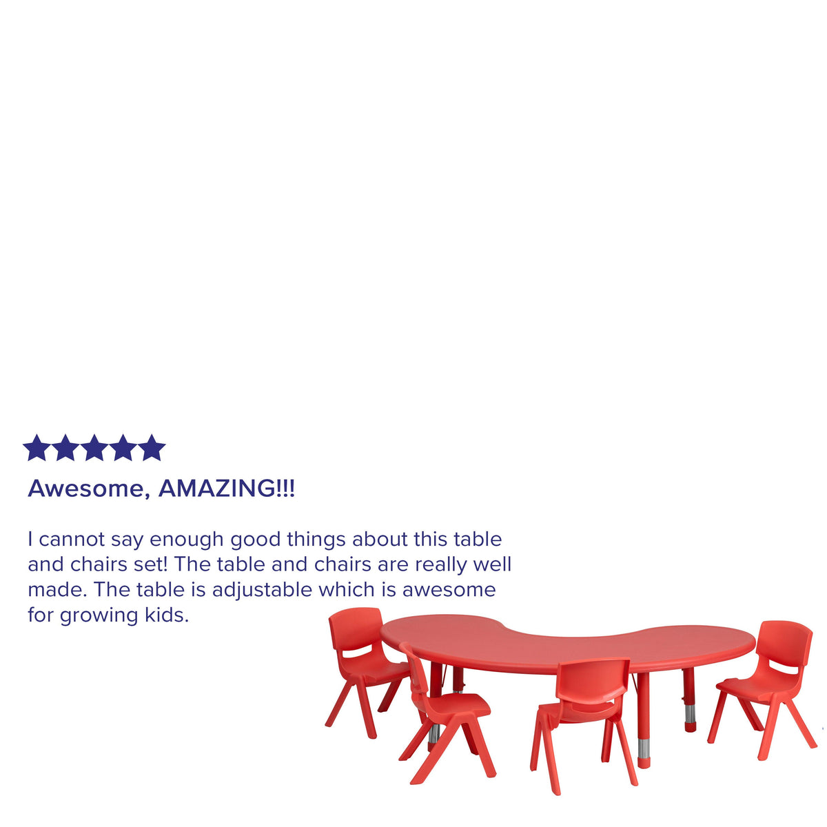 Red |#| 35inchW x 65inchL Half-Moon Red Plastic Adjustable Activity Table Set - 4 Chairs