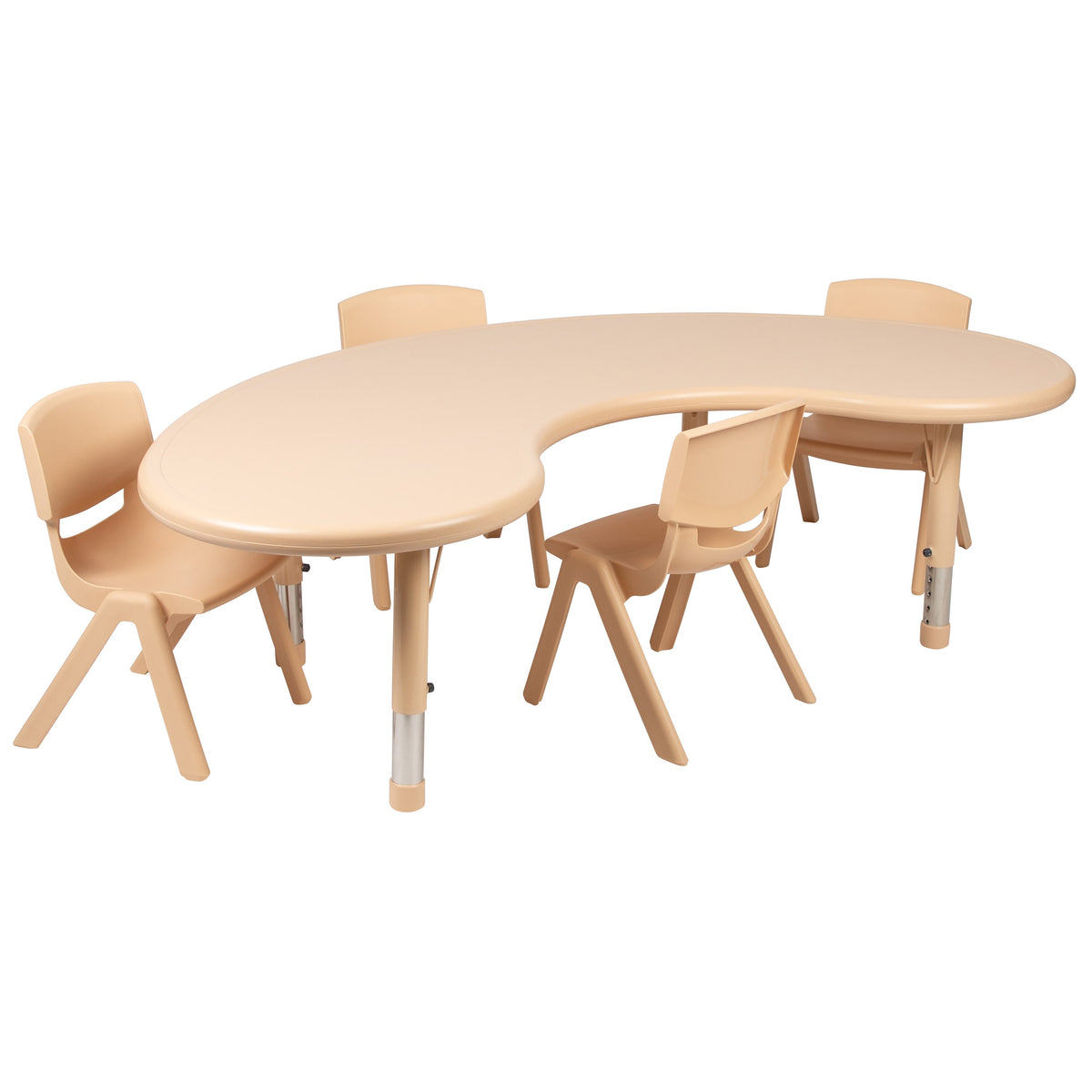 Natural |#| 35inchW x 65inchL Half-Moon Natural Plastic Adjustable Activity Table Set - 4 Chairs