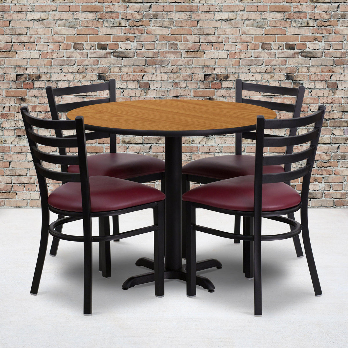Natural Top/Burgundy Vinyl Seat |#| 36inch Round Natural Laminate Table w/ X-Base & 4 Metal Chairs - Burg Vinyl Seat