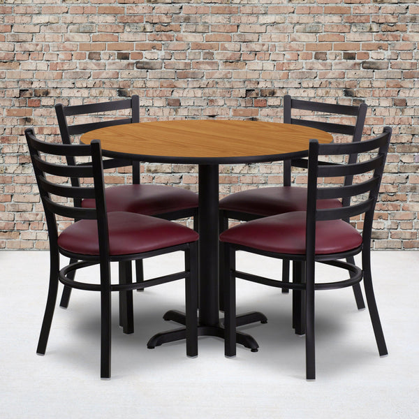 Natural Top/Burgundy Vinyl Seat |#| 36inch Round Natural Laminate Table w/ X-Base & 4 Metal Chairs - Burg Vinyl Seat