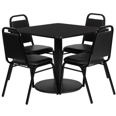 36'' Square Laminate Table Set with Round Base and 4 Trapezoidal Back Banquet Chairs - View 1