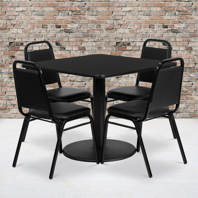 36'' Square Laminate Table Set with Round Base and 4 Trapezoidal Back Banquet Chairs - View 2