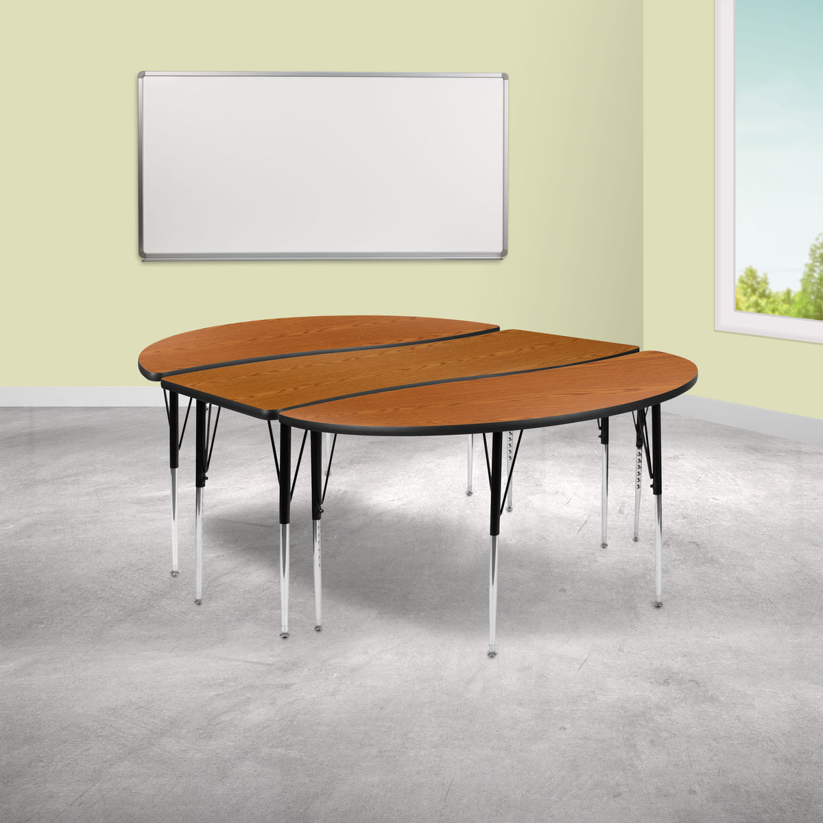 Oak |#| 3 Piece 86inch Oval Wave Flexible Oak Adjustable Activity Table Set
