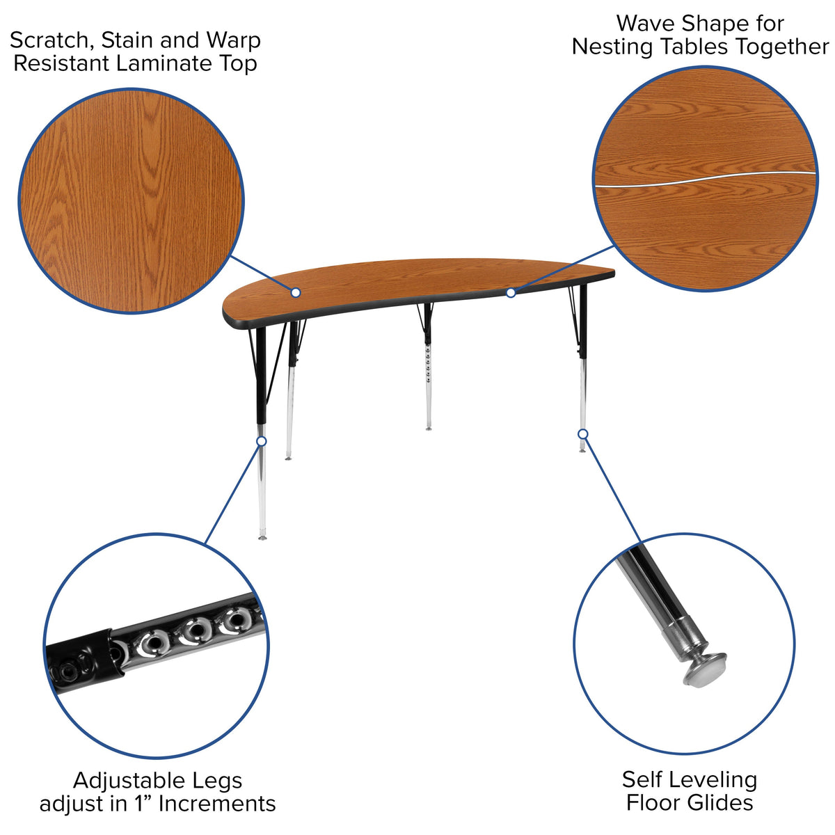 Oak |#| 3 Piece 86inch Oval Wave Flexible Oak Adjustable Activity Table Set