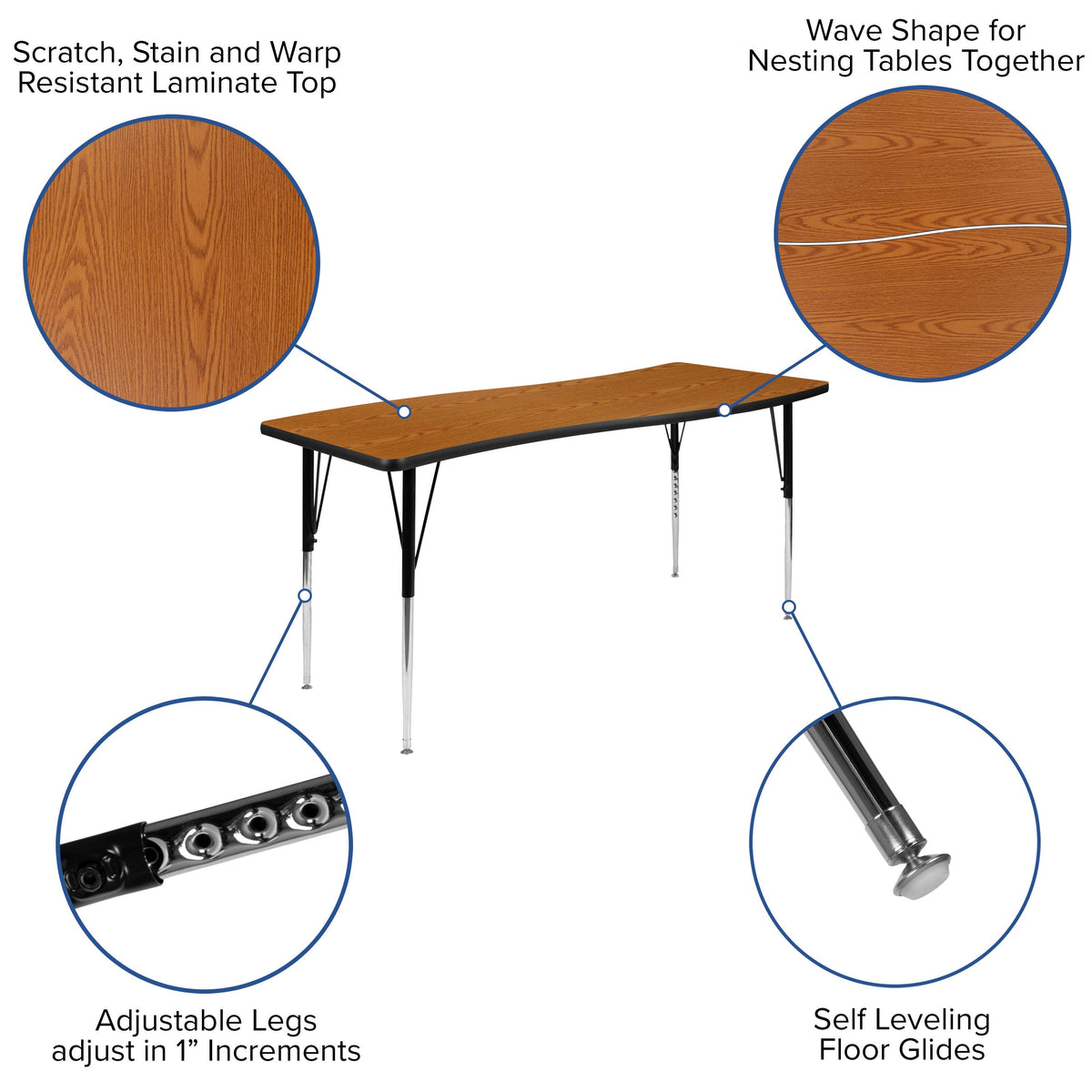 Oak |#| 3 Piece 86inch Oval Wave Flexible Oak Adjustable Activity Table Set