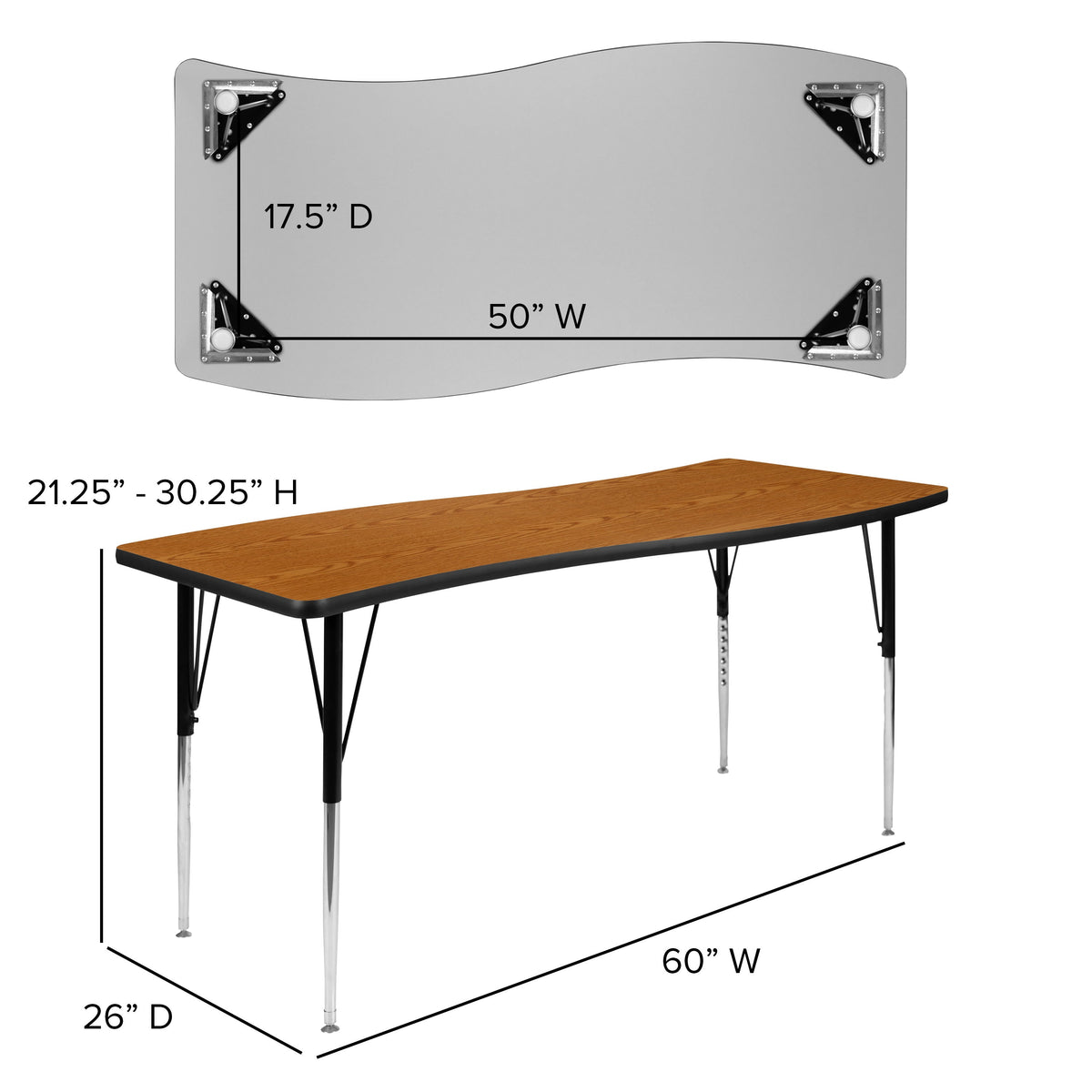 Oak |#| 3 Piece 86inch Oval Wave Flexible Oak Adjustable Activity Table Set