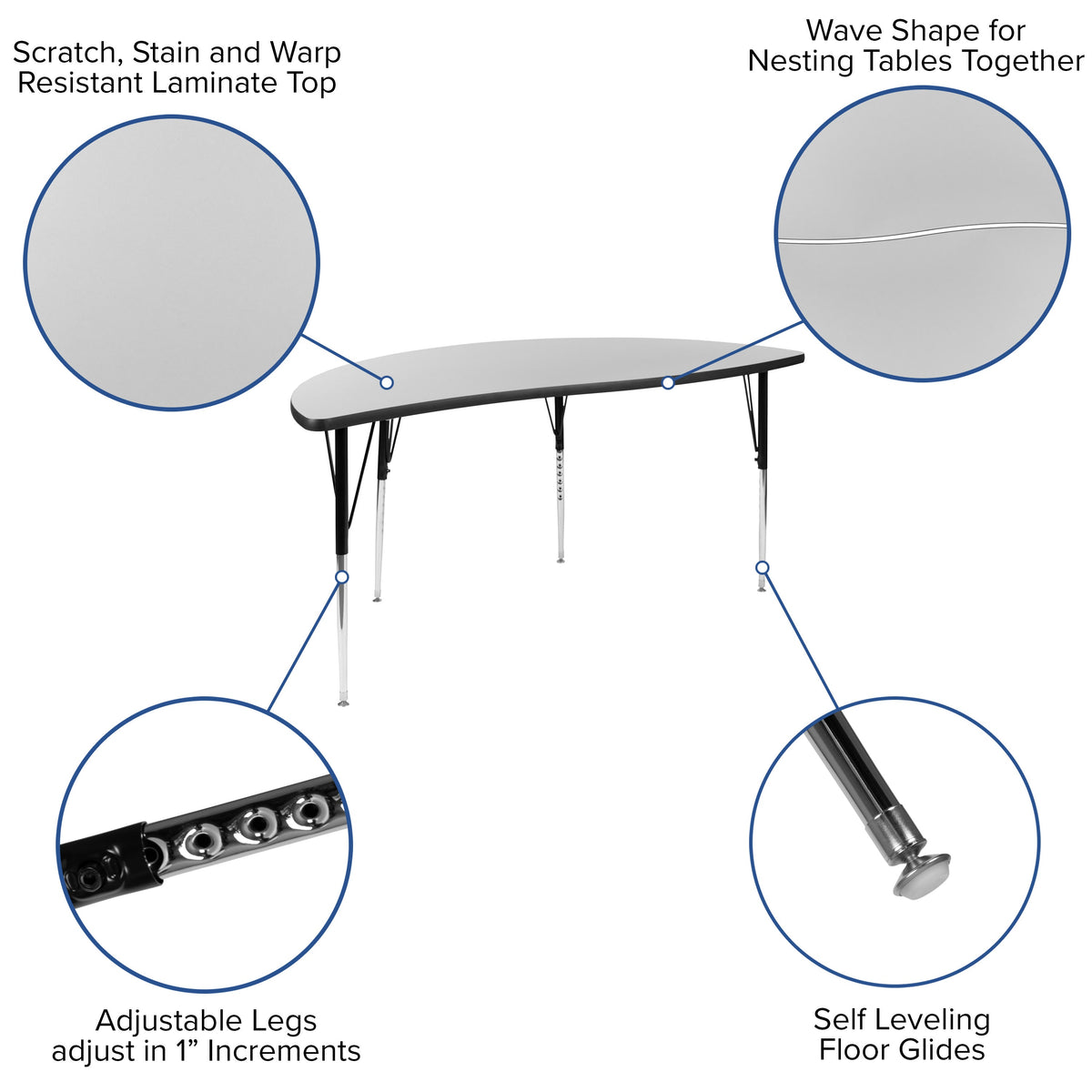 Grey |#| 3 Piece 86inch Oval Wave Flexible Grey Adjustable Activity Table Set