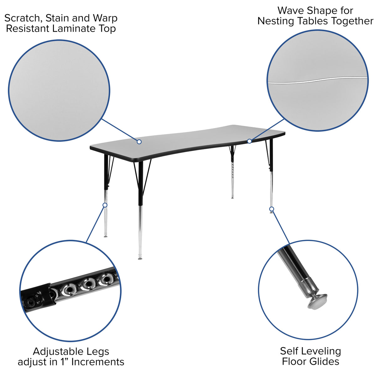 Grey |#| 3 Piece 86inch Oval Wave Flexible Grey Adjustable Activity Table Set