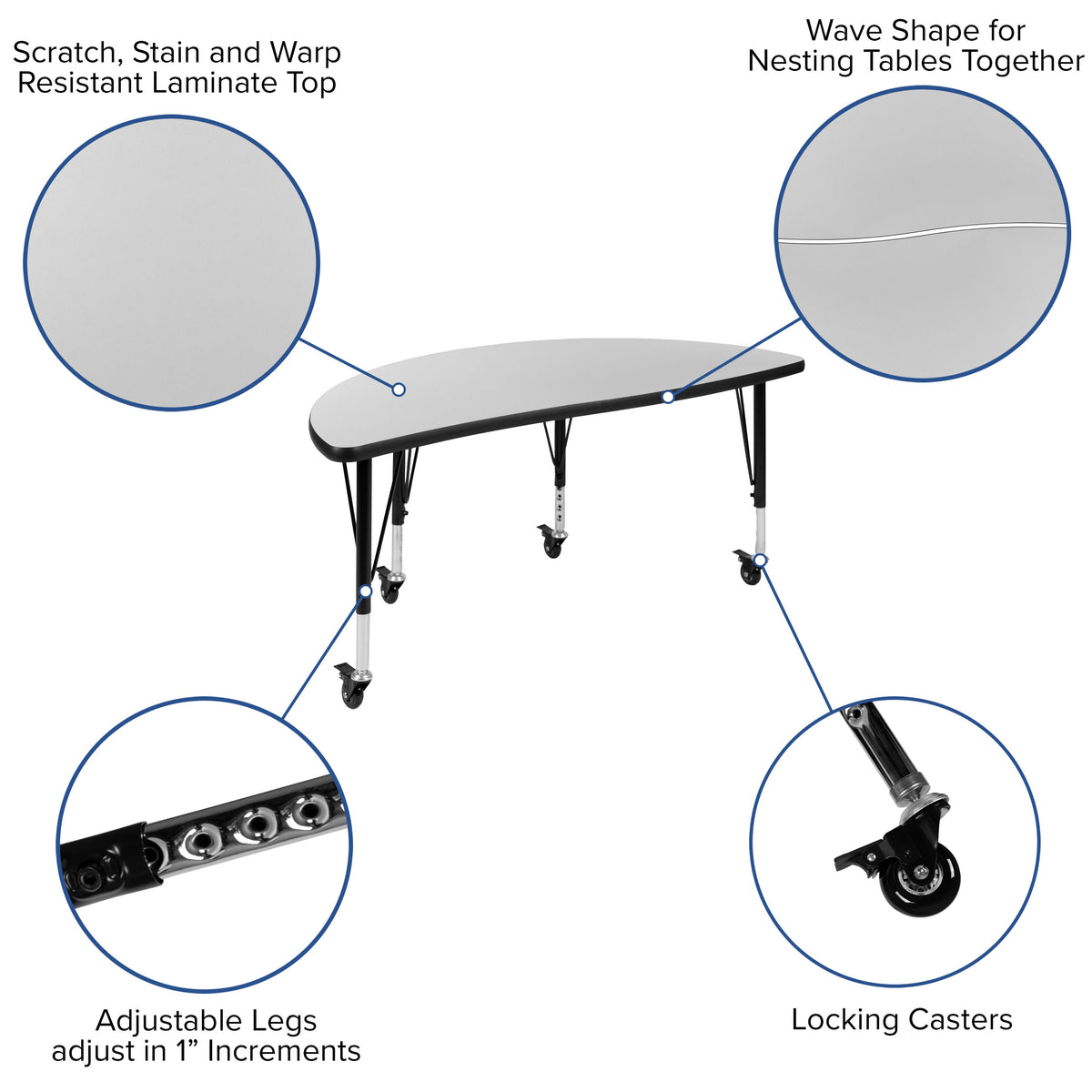 Grey |#| 3PC Mobile 76inch Oval Wave Flexible Grey Kids Adjustable Activity Table Set