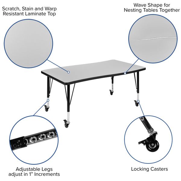 Grey |#| 3PC Mobile 76inch Oval Wave Flexible Grey Kids Adjustable Activity Table Set