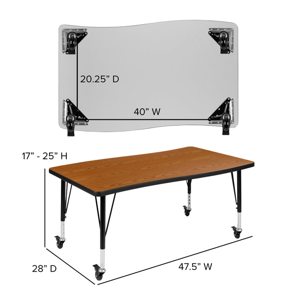 Oak |#| 3PC Mobile 76inch Oval Wave Flexible Oak Kids Adjustable Activity Table Set