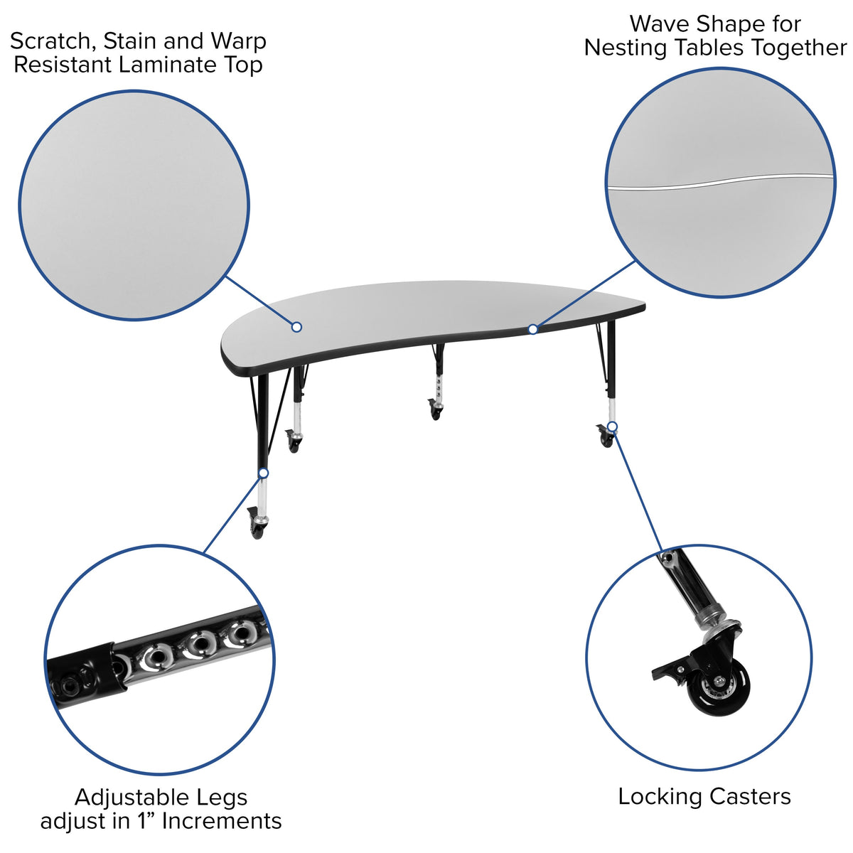 Grey |#| 3PC Mobile 86inch Oval Wave Flexible Grey Kids Adjustable Activity Table Set