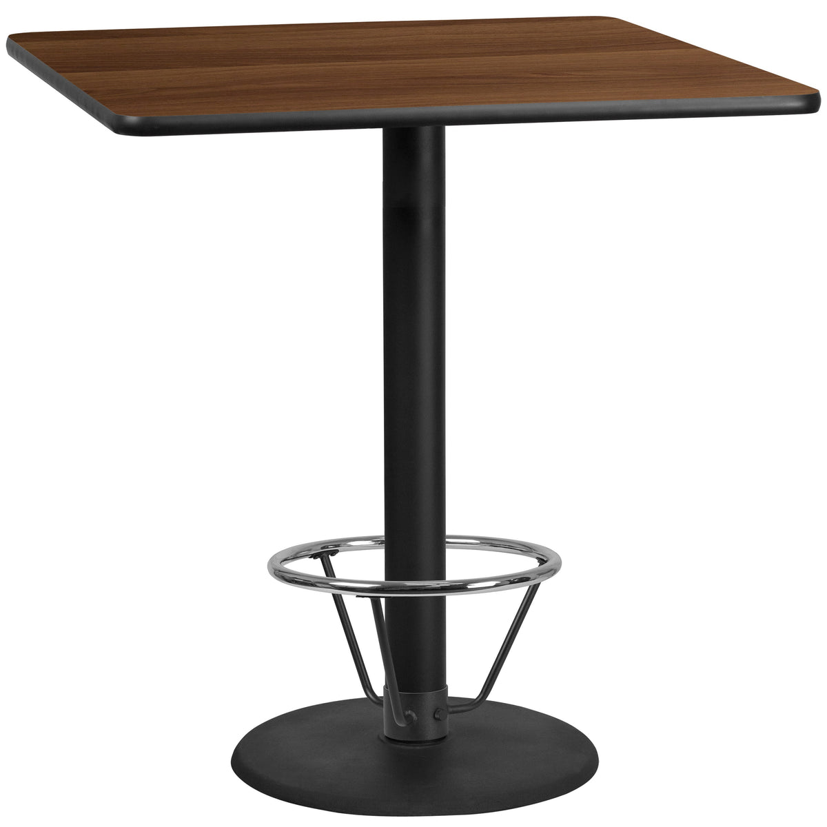 Walnut |#| 42inch SQ Walnut Laminate Table Top & 24inch Round Bar Height Base with Foot Ring