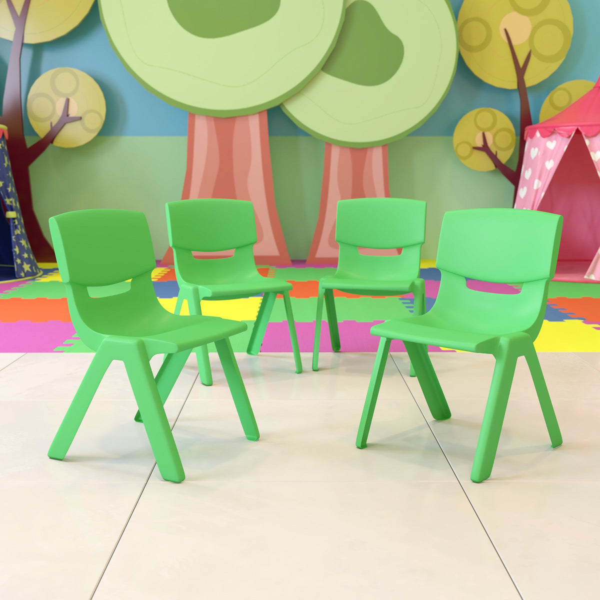 Green |#| 4 Pack Green Plastic Stack School Chair with 13.25inchH Seat, K-2 School Chair