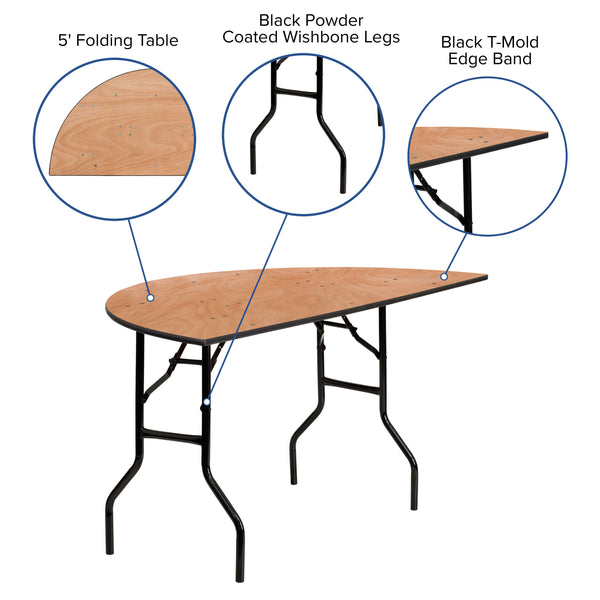 5-Foot Half-Round Wood Folding Banquet Table - Event & Catering Table