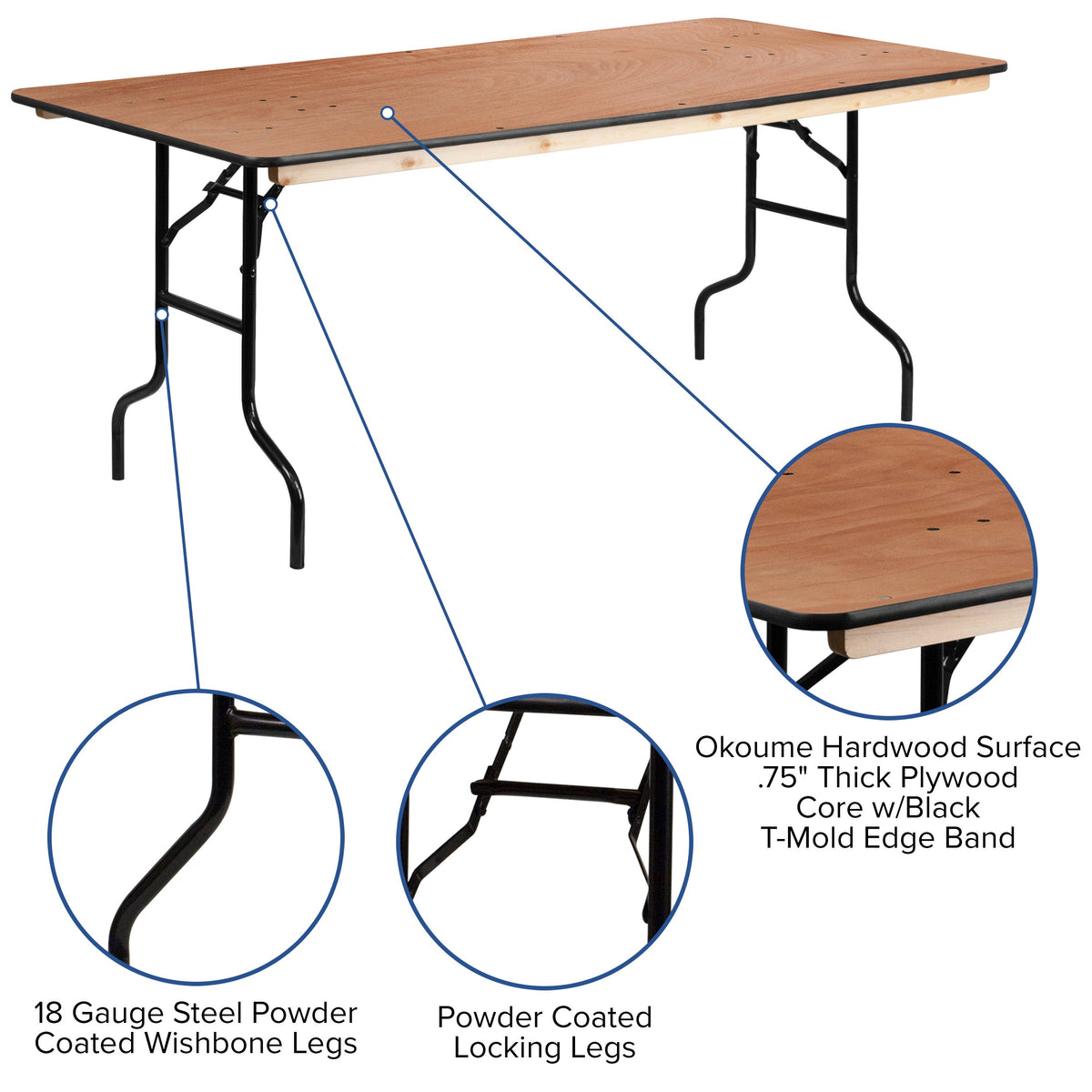 6-Foot Rectangular Wood Folding Banquet Table with Clear Coated Finished Top