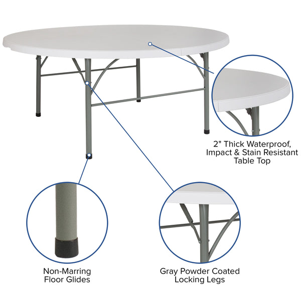 6-Foot Round Bi-Fold Granite White Plastic Event Folding Table with Handle