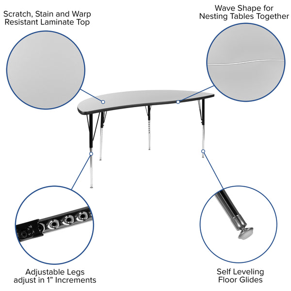 Grey |#| 60inch Half Circle Wave Collaborative Grey Adjustable Height Activity Table