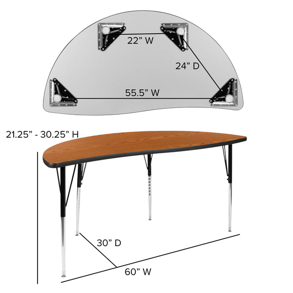 Oak |#| 60inch Half Circle Wave Collaborative Oak Adjustable Height Activity Table