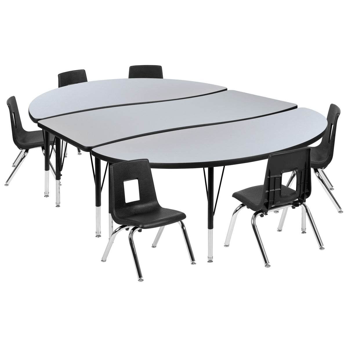 Grey |#| 86inch Oval Wave Activity Table Set with 12inch Student Stack Chairs, Grey/Black