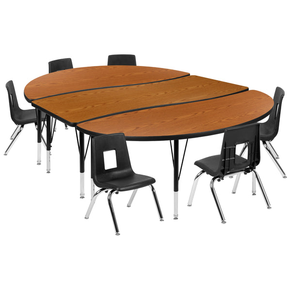 Oak |#| 86inch Oval Wave Activity Table Set with 12inch Student Stack Chairs, Oak/Black