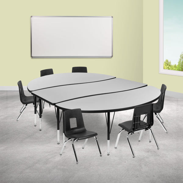 Grey |#| 86inch Oval Wave Activity Table Set with 12inch Student Stack Chairs, Grey/Black