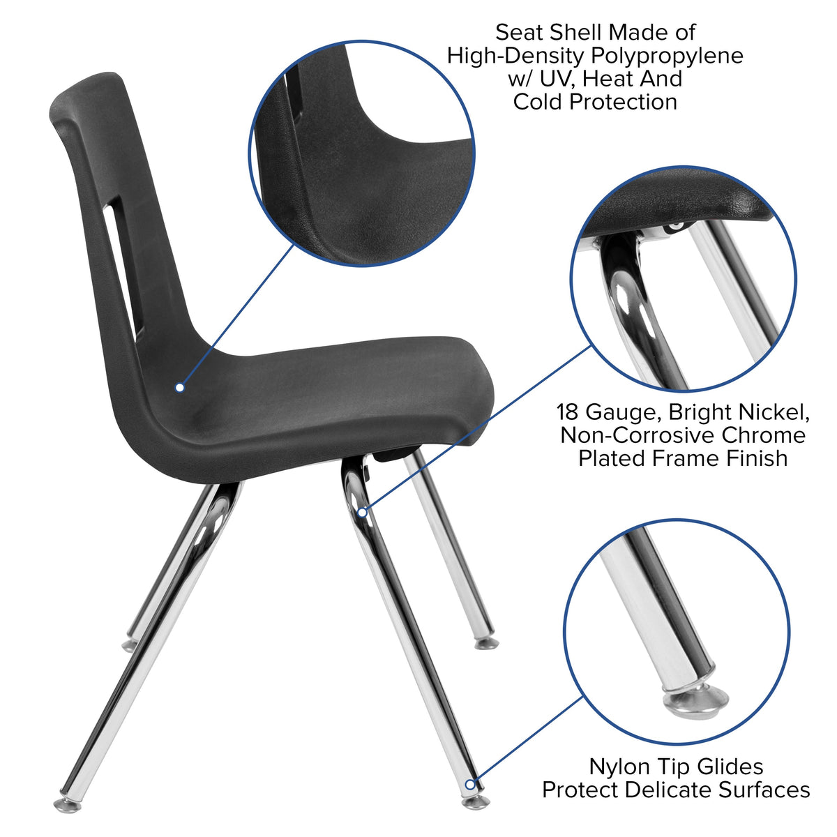 Black |#| Black Student Stack Chair 18inchH Seat - Classroom Chair for Middle-High-Adults