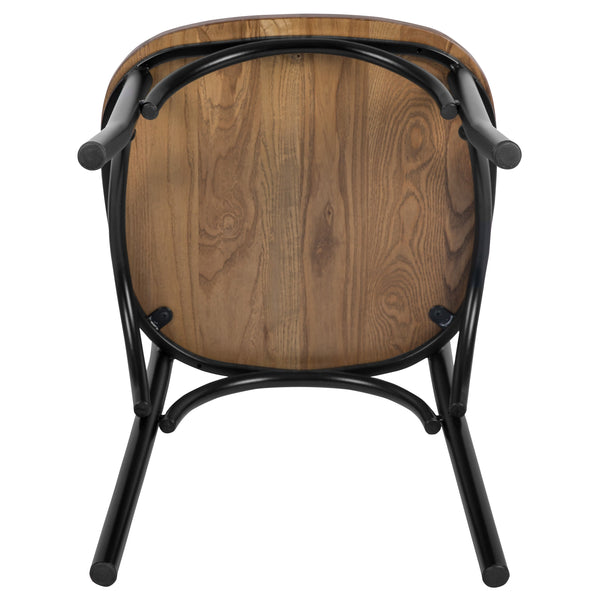 Black/Fruitwood |#| X-Back Black Metal Dining Restaurant Chair with Fruitwood Seat