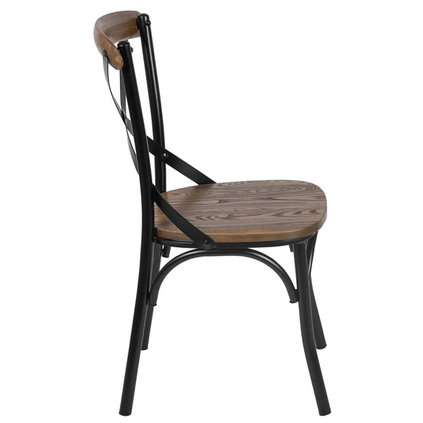 Black/Fruitwood |#| X-Back Black Metal Dining Restaurant Chair with Fruitwood Seat